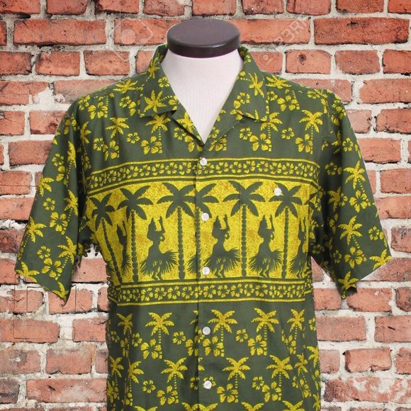 Vintage Ocean Pacific OP Hawaiian Shirt Green Palm Trees Women Dancing Large EUC - Picture 1 of 15